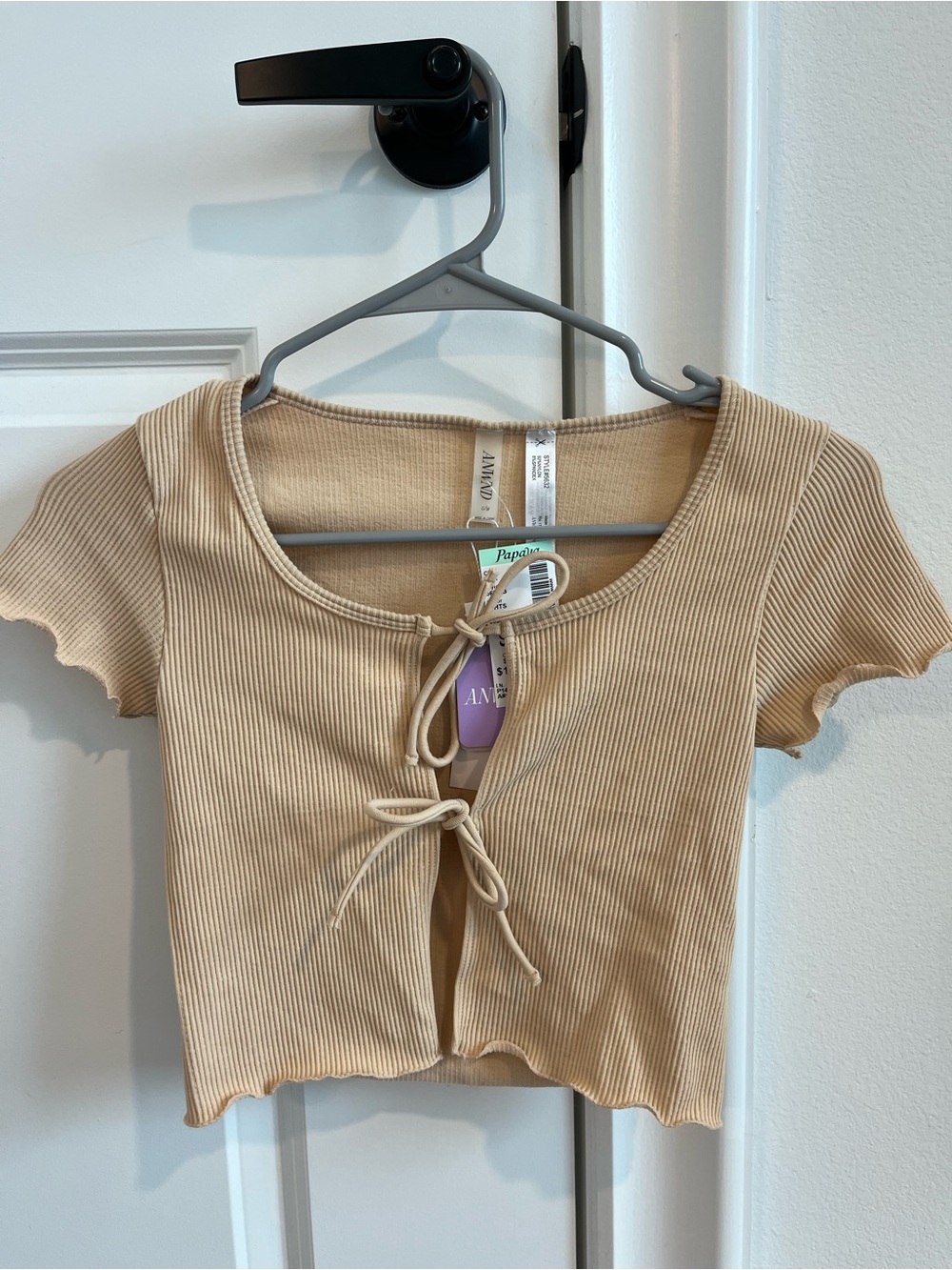 Beige Ribbed Tie-Front Crop Top